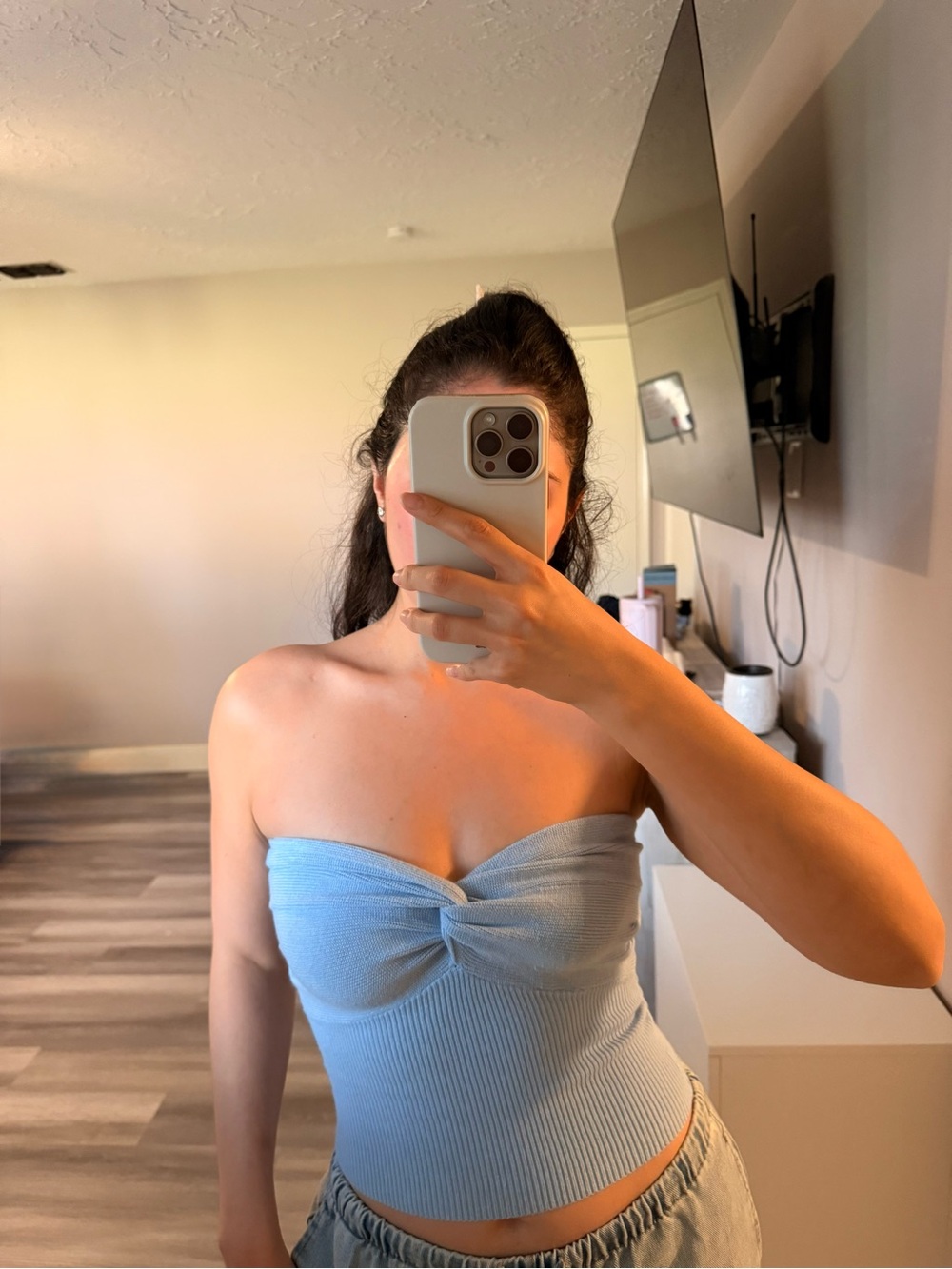 Light Blue Strapless Twist-Front Ribbed Tube Top